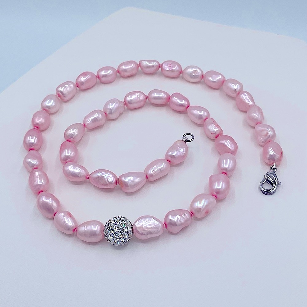 Pretty Pink Baroque Pearl Necklace with Pave Crystal Sphere